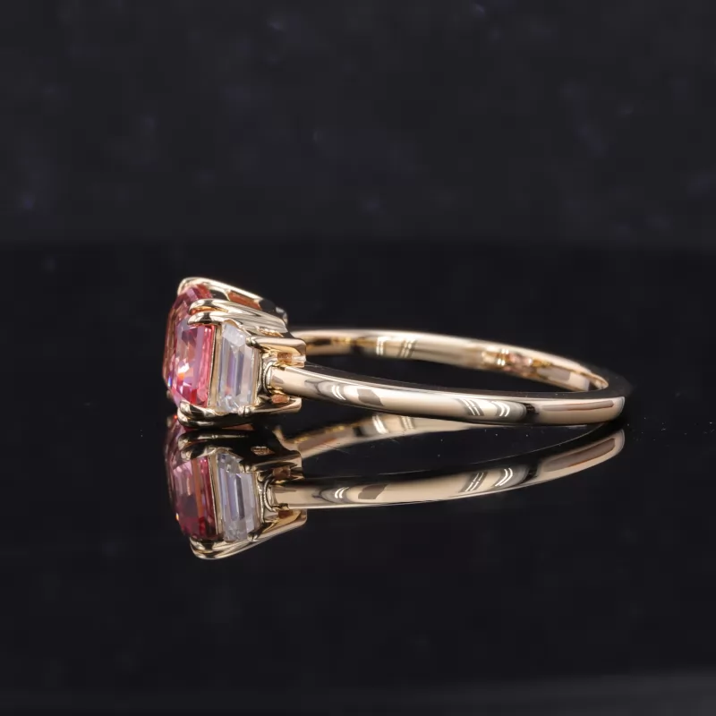 9×7mm Octagon Emerald Cut Lab Grown Padparadscha Sapphire 10K Yellow Gold Three Stone Engagement Ring