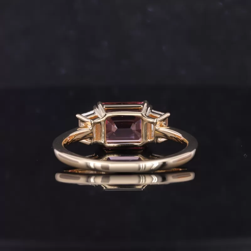 9×7mm Octagon Emerald Cut Lab Grown Padparadscha Sapphire 10K Yellow Gold Three Stone Engagement Ring
