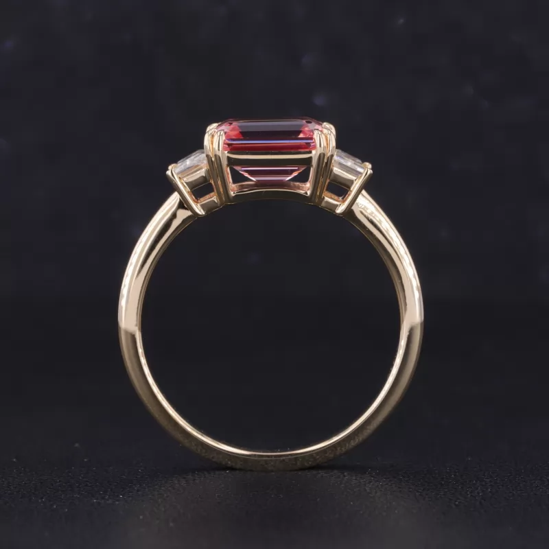 9×7mm Octagon Emerald Cut Lab Grown Padparadscha Sapphire 10K Yellow Gold Three Stone Engagement Ring