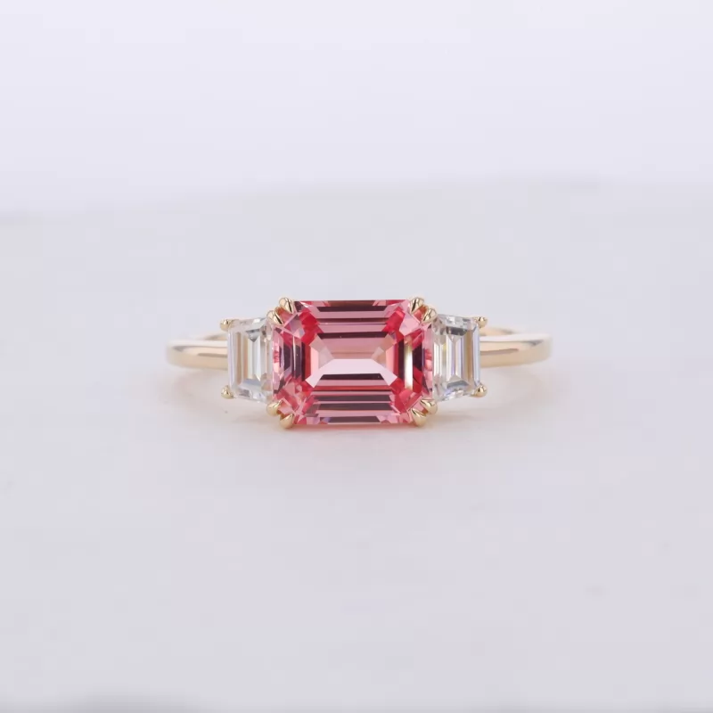 9×7mm Octagon Emerald Cut Lab Grown Padparadscha Sapphire 10K Yellow Gold Three Stone Engagement Ring