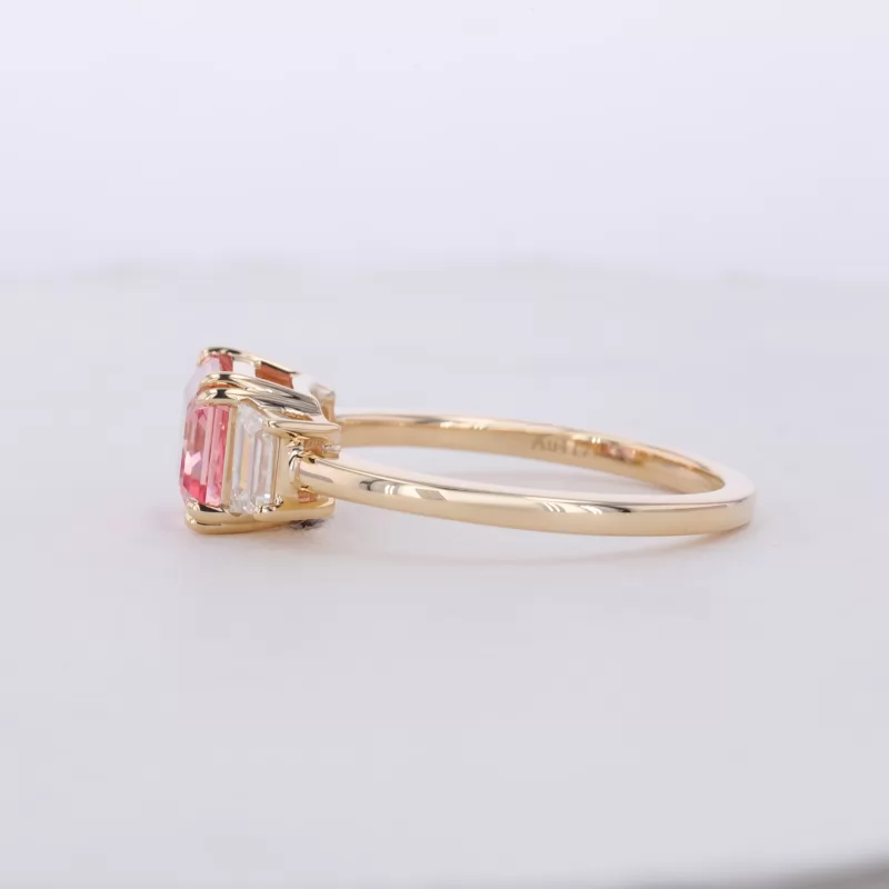 9×7mm Octagon Emerald Cut Lab Grown Padparadscha Sapphire 10K Yellow Gold Three Stone Engagement Ring