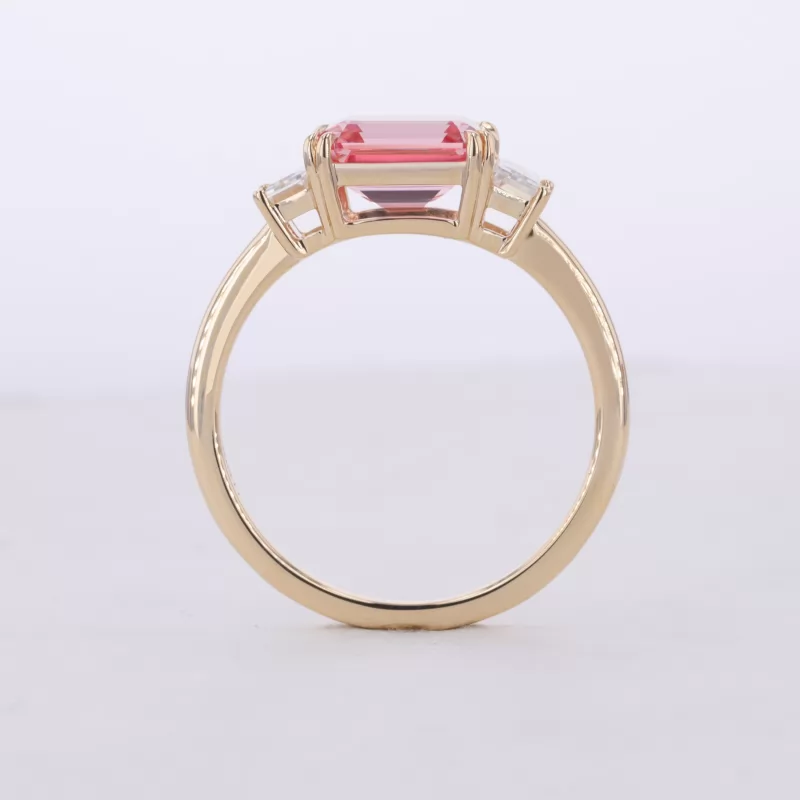 9×7mm Octagon Emerald Cut Lab Grown Padparadscha Sapphire 10K Yellow Gold Three Stone Engagement Ring