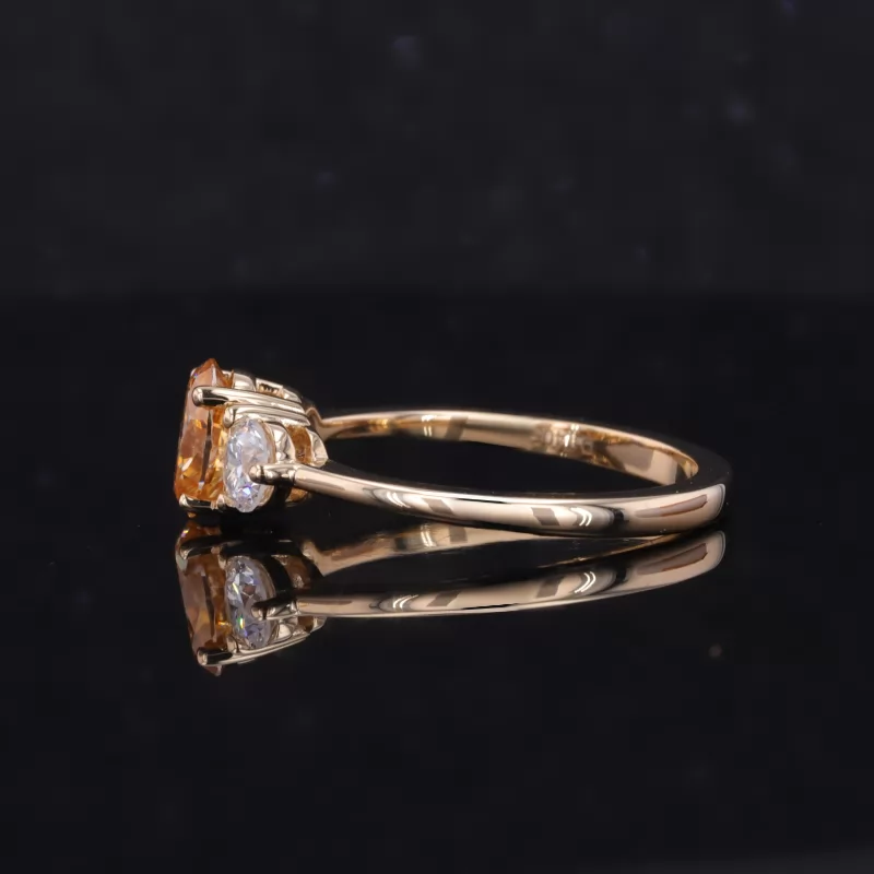 5×7mm Oval Cut Champagne Color Moissanite 14K Yellow Gold Three Stone Engagement Ring