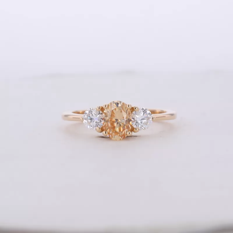 5×7mm Oval Cut Champagne Color Moissanite 14K Yellow Gold Three Stone Engagement Ring