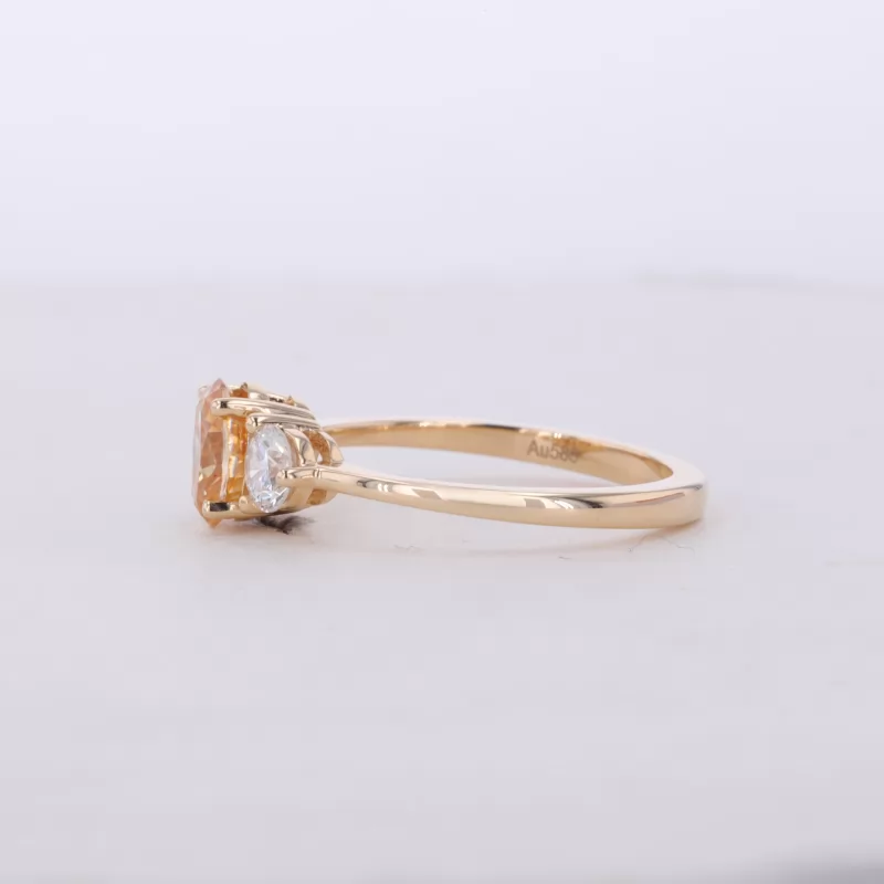 5×7mm Oval Cut Champagne Color Moissanite 14K Yellow Gold Three Stone Engagement Ring