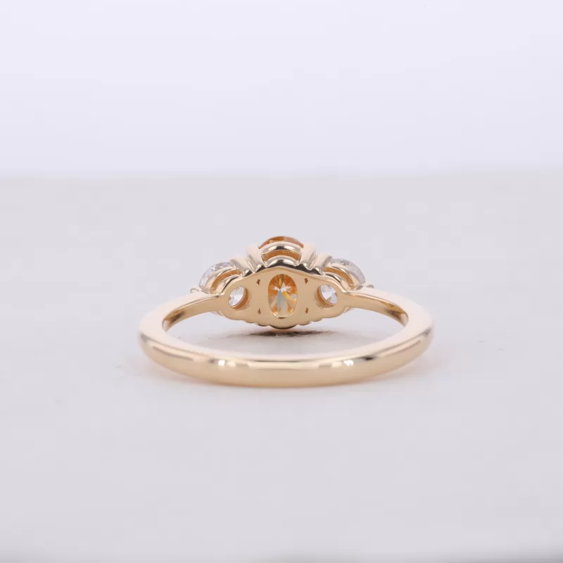 5×7mm Oval Cut Champagne Color Moissanite 14K Yellow Gold Three Stone Engagement Ring