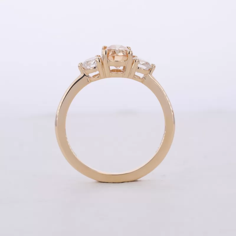 5×7mm Oval Cut Champagne Color Moissanite 14K Yellow Gold Three Stone Engagement Ring