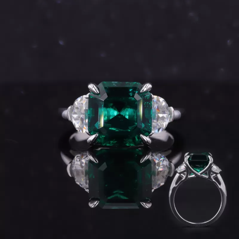 10×10mm Asscher Cut Lab Grown Emerald 14K White Gold Three Stone Engagement Ring