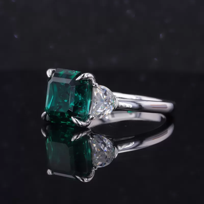 10×10mm Asscher Cut Lab Grown Emerald 14K White Gold Three Stone Engagement Ring