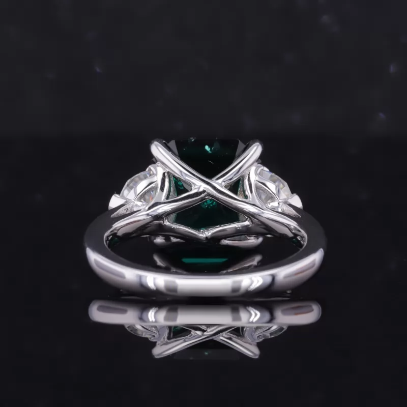 10×10mm Asscher Cut Lab Grown Emerald 14K White Gold Three Stone Engagement Ring