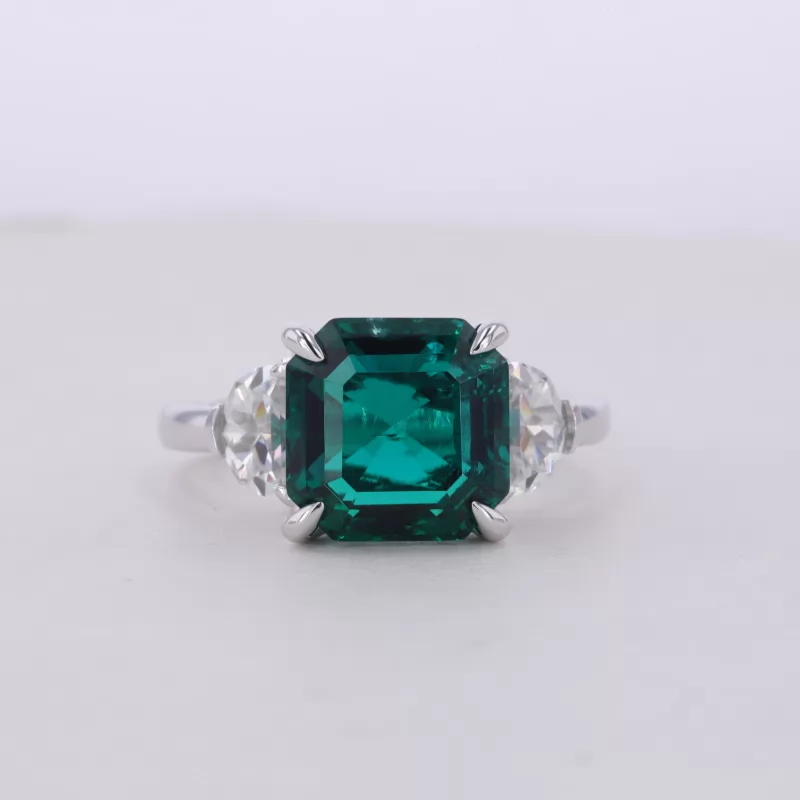 10×10mm Asscher Cut Lab Grown Emerald 14K White Gold Three Stone Engagement Ring