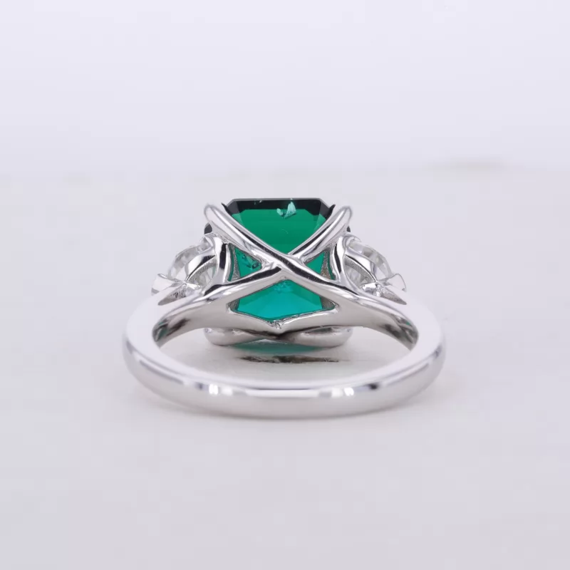 10×10mm Asscher Cut Lab Grown Emerald 14K White Gold Three Stone Engagement Ring