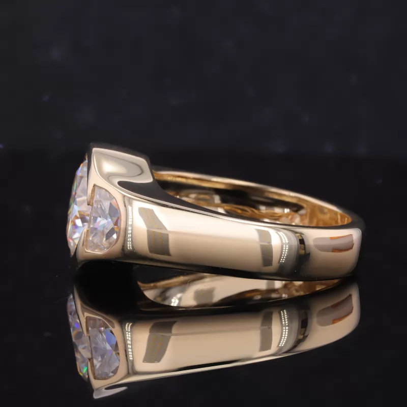 10mm Round Brilliant Cut Moissanite Bezel Set 10K Yellow Gold Three Stone Engagement Ring
