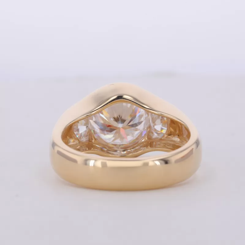 10mm Round Brilliant Cut Moissanite Bezel Set 10K Yellow Gold Three Stone Engagement Ring