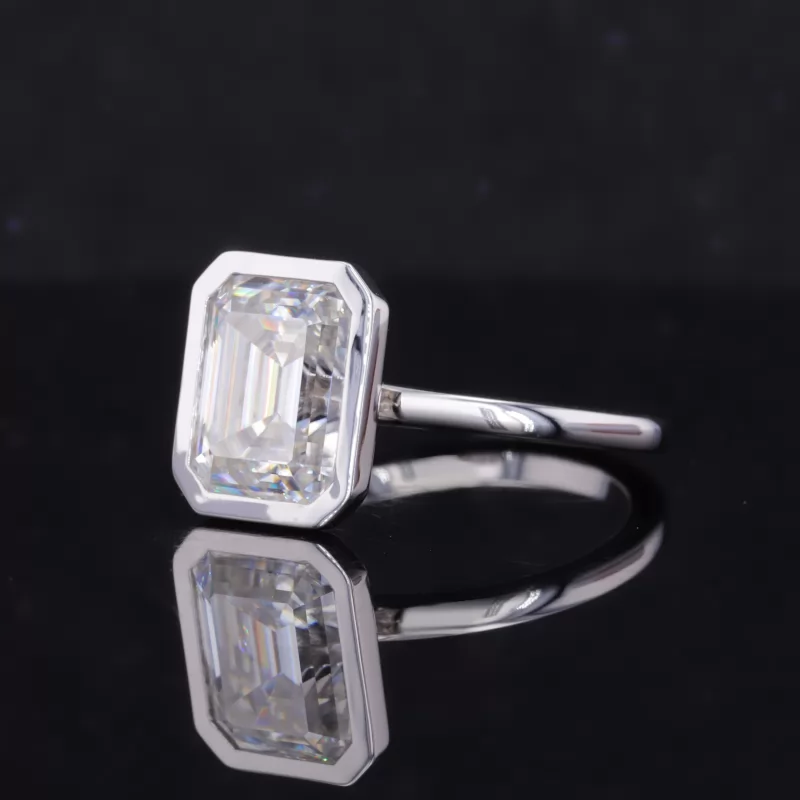 8×10mm Octagon Emerald Cut Moissanite Bezel Set 14K White Gold Solitaire Engagement Ring