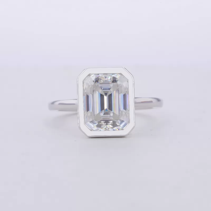 8×10mm Octagon Emerald Cut Moissanite Bezel Set 14K White Gold Solitaire Engagement Ring