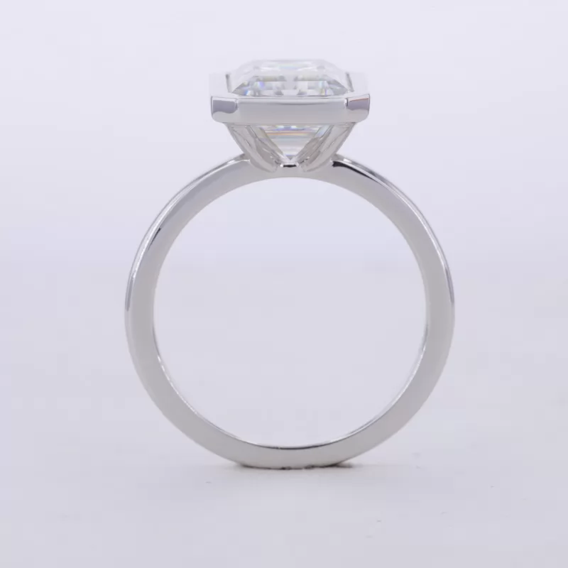 8×10mm Octagon Emerald Cut Moissanite Bezel Set 14K White Gold Solitaire Engagement Ring