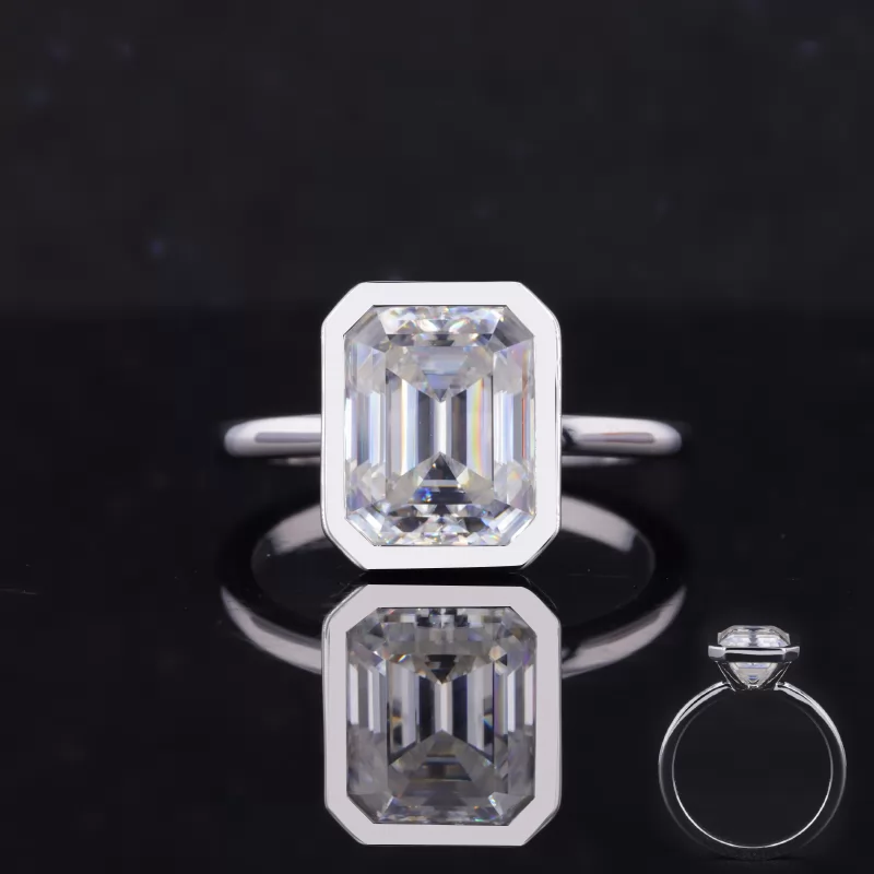 8×10mm Octagon Emerald Cut Moissanite Bezel Set 14K White Gold Solitaire Engagement Ring