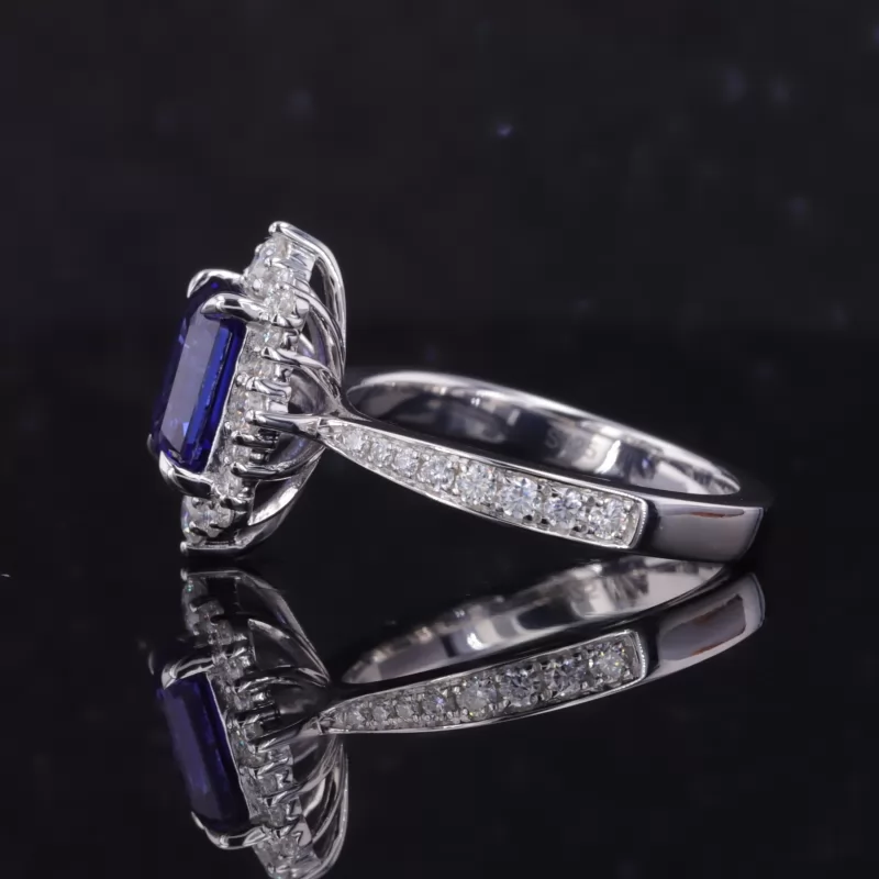 6×8mm Octagon Emerald Cut Lab Grown Sapphire S925 Sterling Silver Halo Engagement Ring