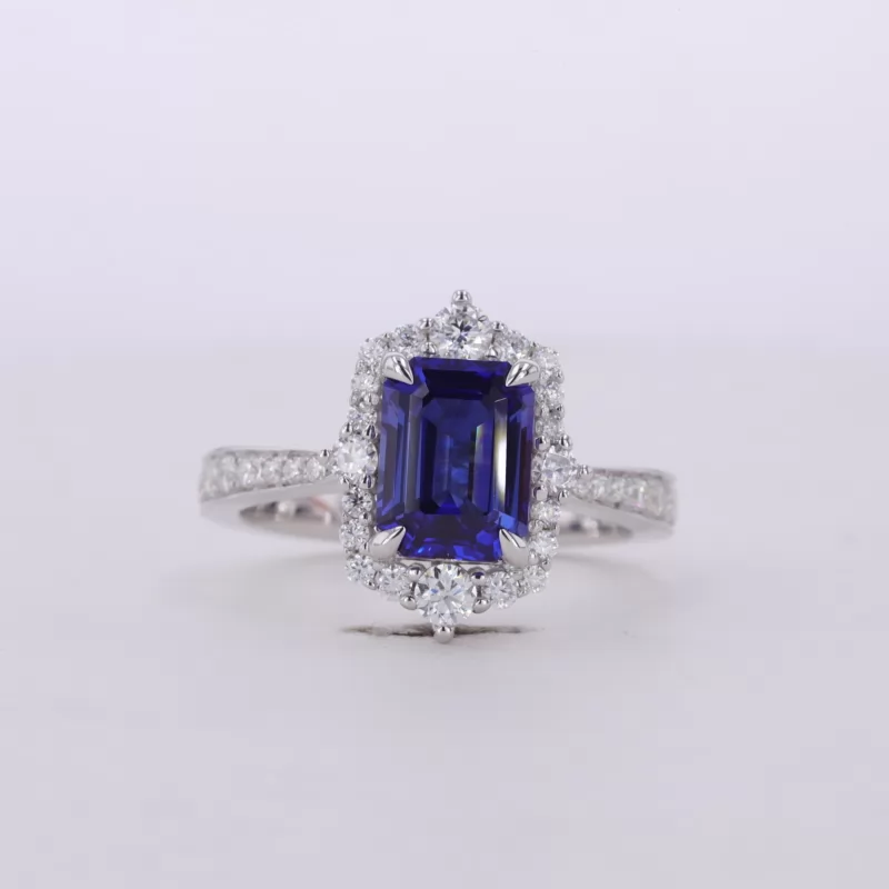 6×8mm Octagon Emerald Cut Lab Grown Sapphire S925 Sterling Silver Halo Engagement Ring