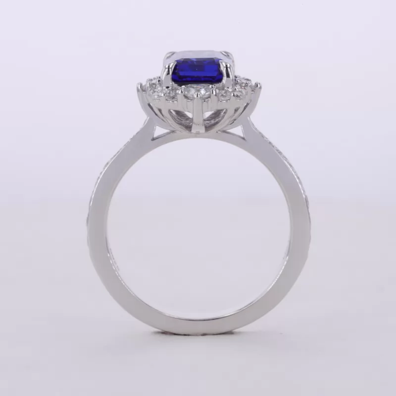 6×8mm Octagon Emerald Cut Lab Grown Sapphire S925 Sterling Silver Halo Engagement Ring