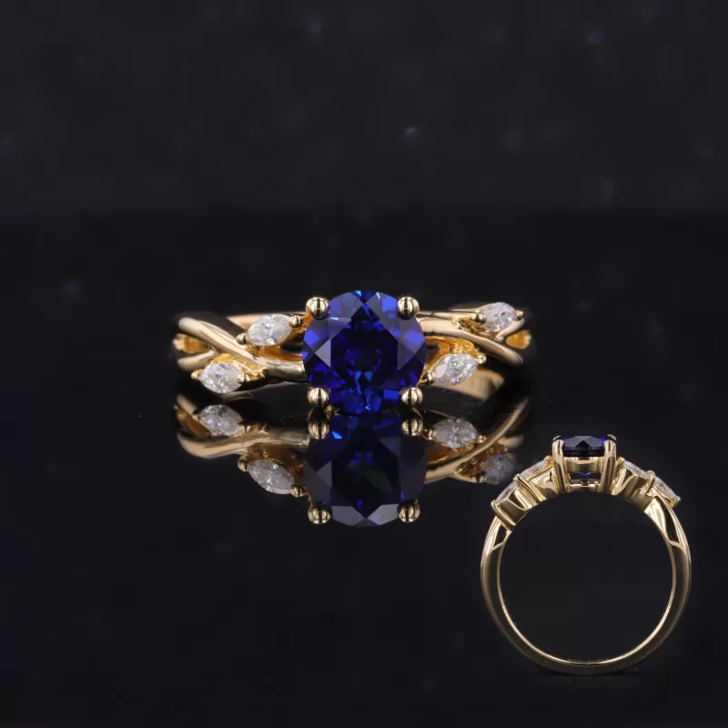 6mm Round Brilliant Cut Lab Grown Sapphire With Winding Band 18K Gold Pave Engagement Ring