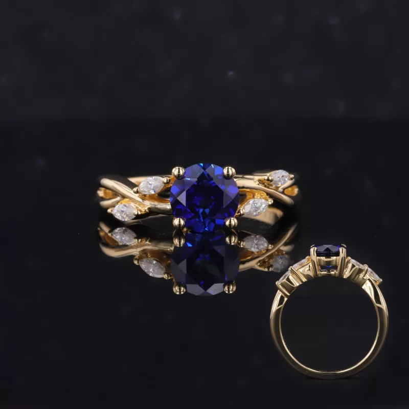 6mm Round Brilliant Cut Lab Grown Sapphire With Winding Band 18K Yellow Gold Pave Engagement Ring