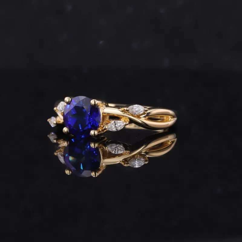 6mm Round Brilliant Cut Lab Grown Sapphire With Winding Band 18K Yellow Gold Pave Engagement Ring