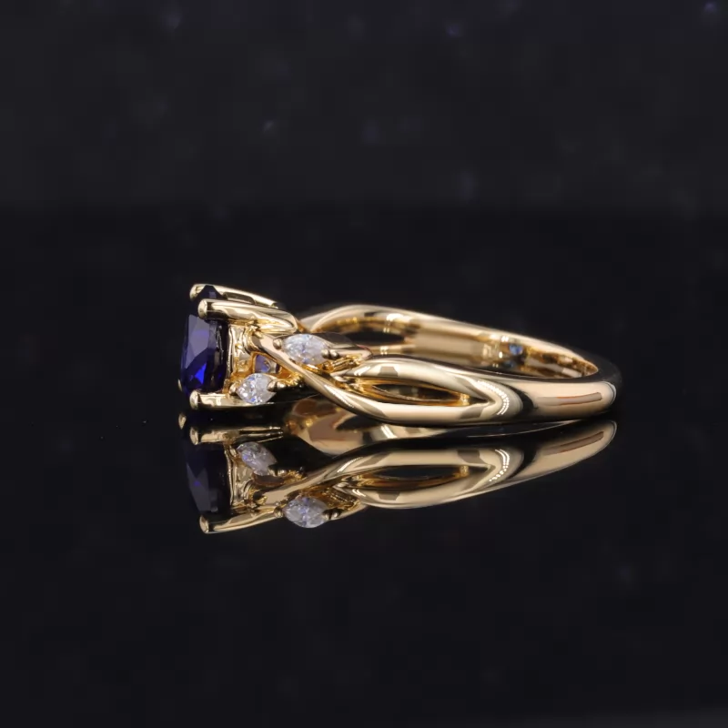 6mm Round Brilliant Cut Lab Grown Sapphire With Winding Band 18K Yellow Gold Pave Engagement Ring