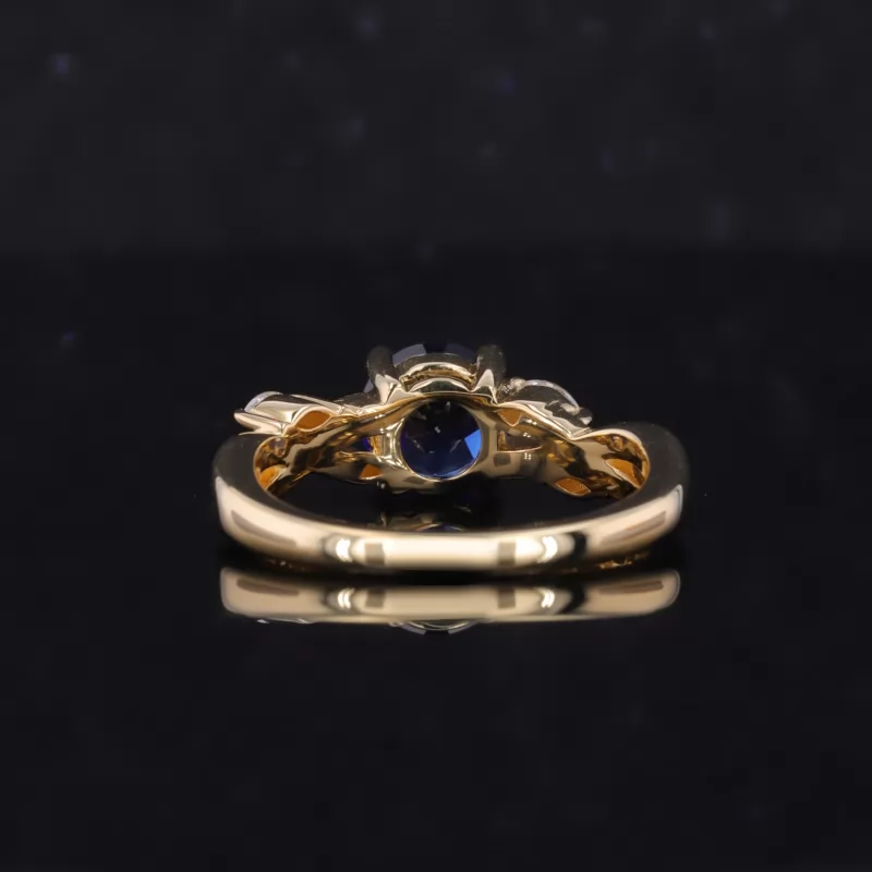 6mm Round Brilliant Cut Lab Grown Sapphire With Winding Band 18K Yellow Gold Pave Engagement Ring