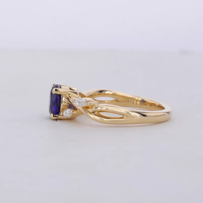 6mm Round Brilliant Cut Lab Grown Sapphire With Winding Band 18K Yellow Gold Pave Engagement Ring