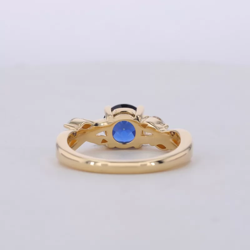 6mm Round Brilliant Cut Lab Grown Sapphire With Winding Band 18K Yellow Gold Pave Engagement Ring