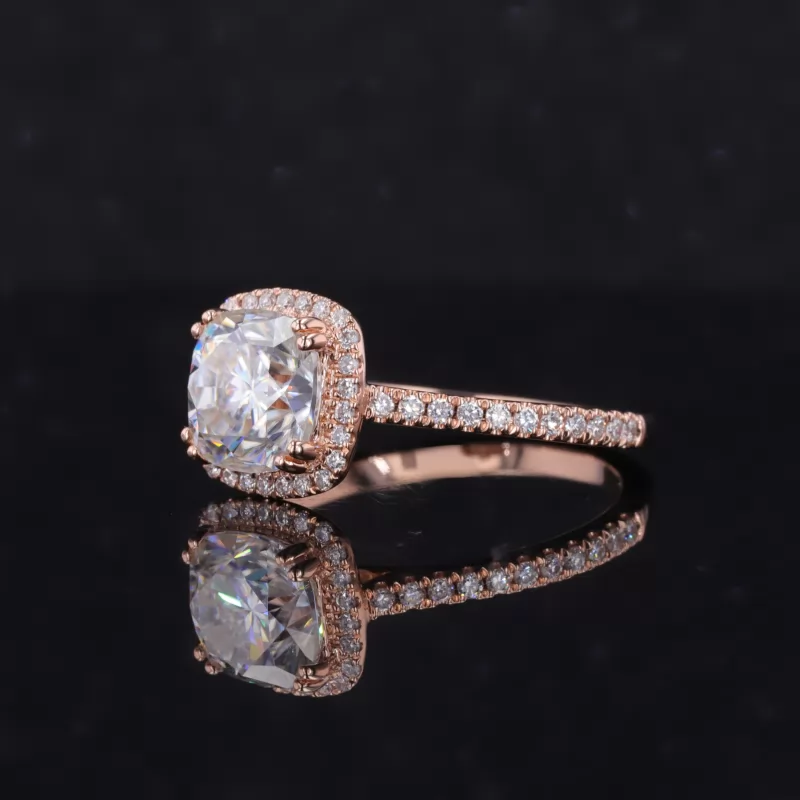 7.5×7.5mm Cushion Cut Moissanite 14K Rose Gold Halo Engagement Ring