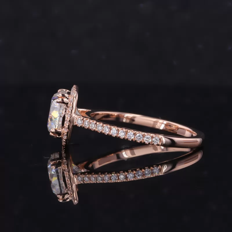 7.5×7.5mm Cushion Cut Moissanite 14K Rose Gold Halo Engagement Ring