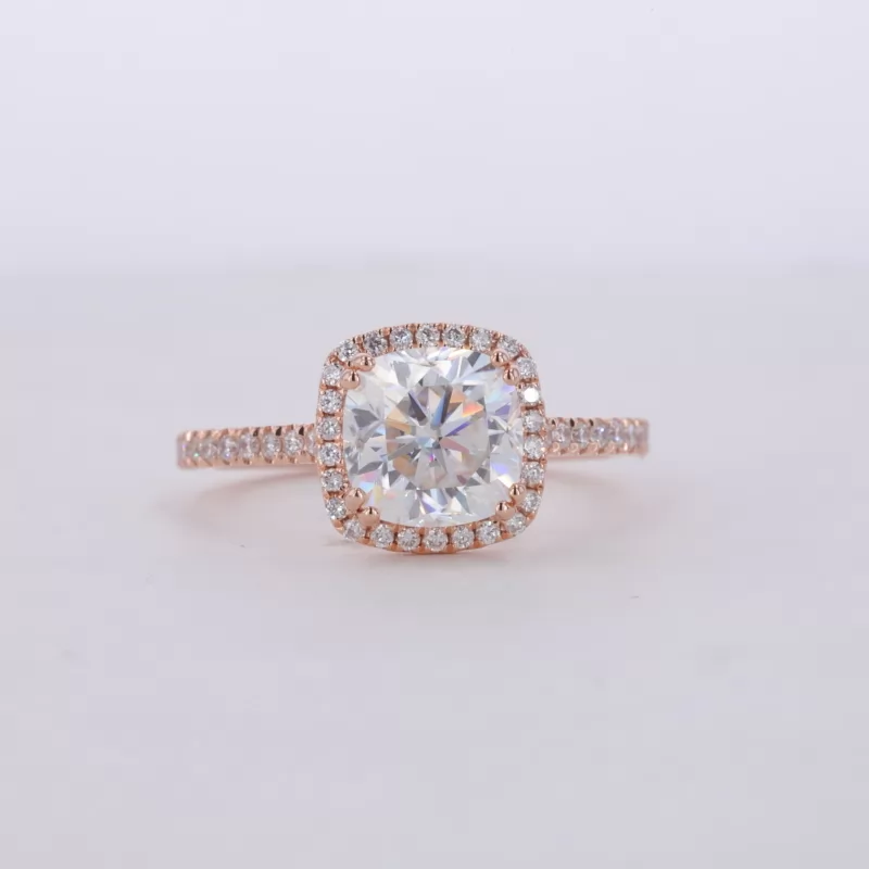 7.5×7.5mm Cushion Cut Moissanite 14K Rose Gold Halo Engagement Ring