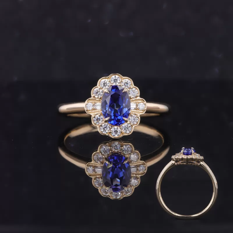 5×7mm Oval Cut Lab Grown Sapphire 10K Gold Halo Engagement Ring