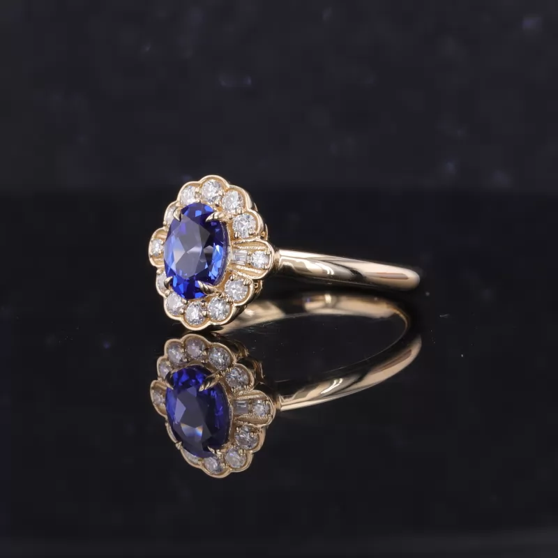 5×7mm Oval Cut Lab Grown Sapphire 10K Yellow Gold Halo Engagement Ring