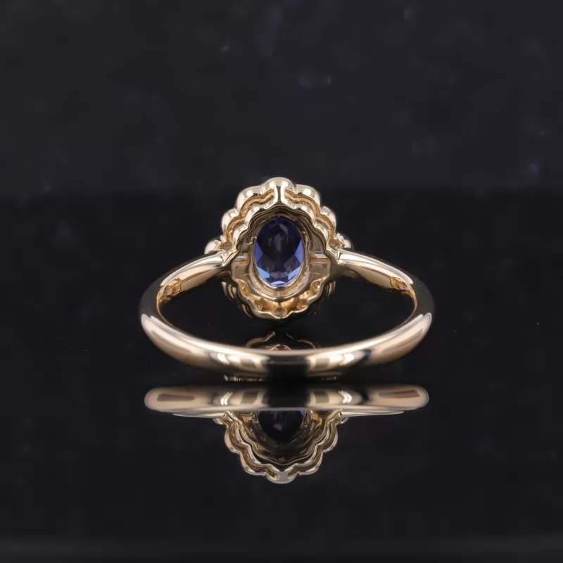 5×7mm Oval Cut Lab Grown Sapphire 10K Yellow Gold Halo Engagement Ring