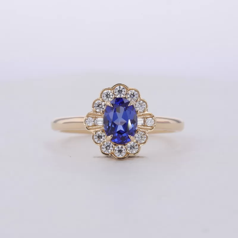 5×7mm Oval Cut Lab Grown Sapphire 10K Yellow Gold Halo Engagement Ring