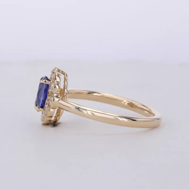 5×7mm Oval Cut Lab Grown Sapphire 10K Yellow Gold Halo Engagement Ring