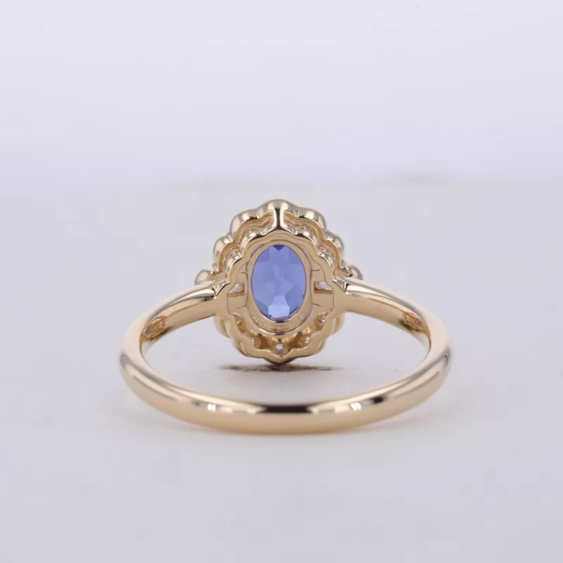 5×7mm Oval Cut Lab Grown Sapphire 10K Yellow Gold Halo Engagement Ring