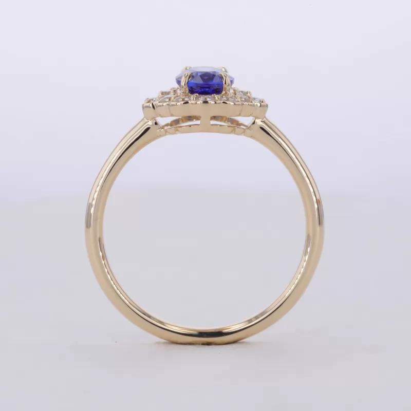 5×7mm Oval Cut Lab Grown Sapphire 10K Yellow Gold Halo Engagement Ring