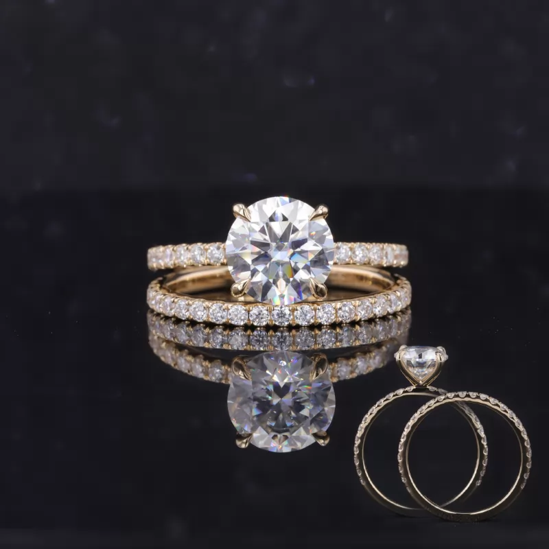 8mm Round Brilliant Cut Moissanite 14K Yellow Gold Pave Engagement Ring Set