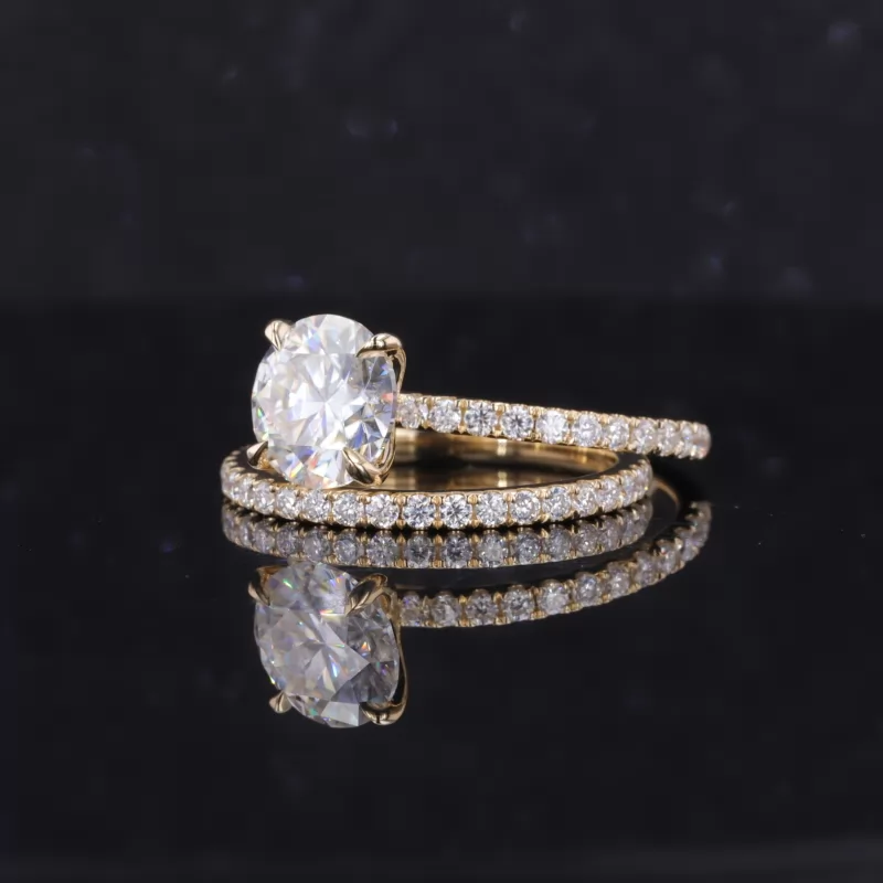 8mm Round Brilliant Cut Moissanite 14K Yellow Gold Pave Engagement Ring Set