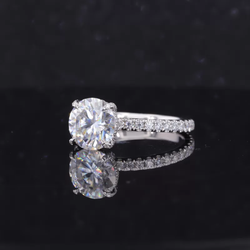 8.5mm Round Brilliant Cut Moissanite 14K White Gold Pave Engagement Ring