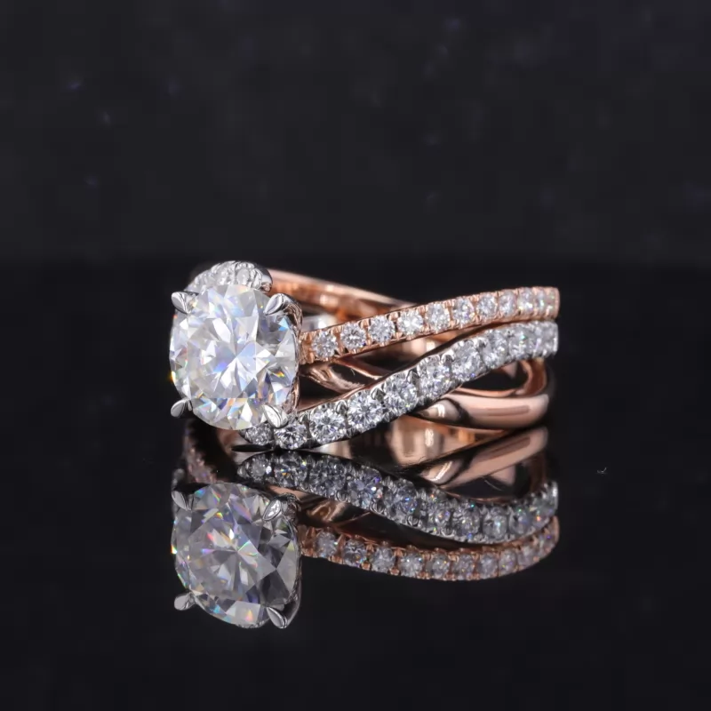 8mm Round Brilliant Cut Moissanite With Winding Band 10K Rose Gold Pave Engagement Ring