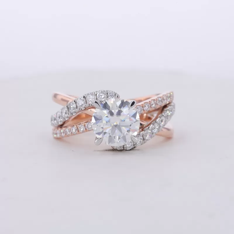 8mm Round Brilliant Cut Moissanite With Winding Band 10K Rose Gold Pave Engagement Ring