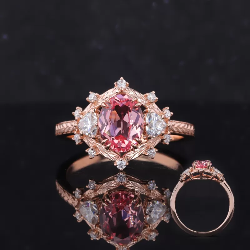 7×9mm Oval Cut Lab Grown Sukura Pink Sapphire 14K Rose Gold Three Stone Engagement Ring