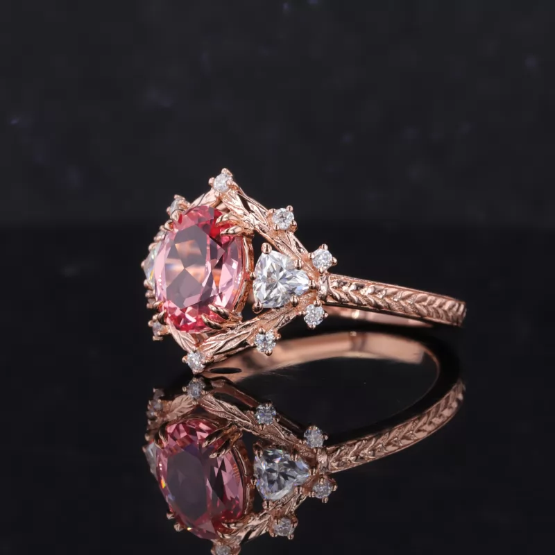 7×9mm Oval Cut Lab Grown Sukura Pink Sapphire 14K Rose Gold Three Stone Engagement Ring