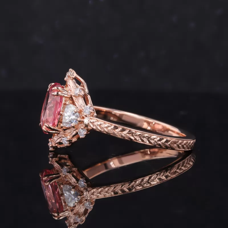 7×9mm Oval Cut Lab Grown Sukura Pink Sapphire 14K Rose Gold Three Stone Engagement Ring